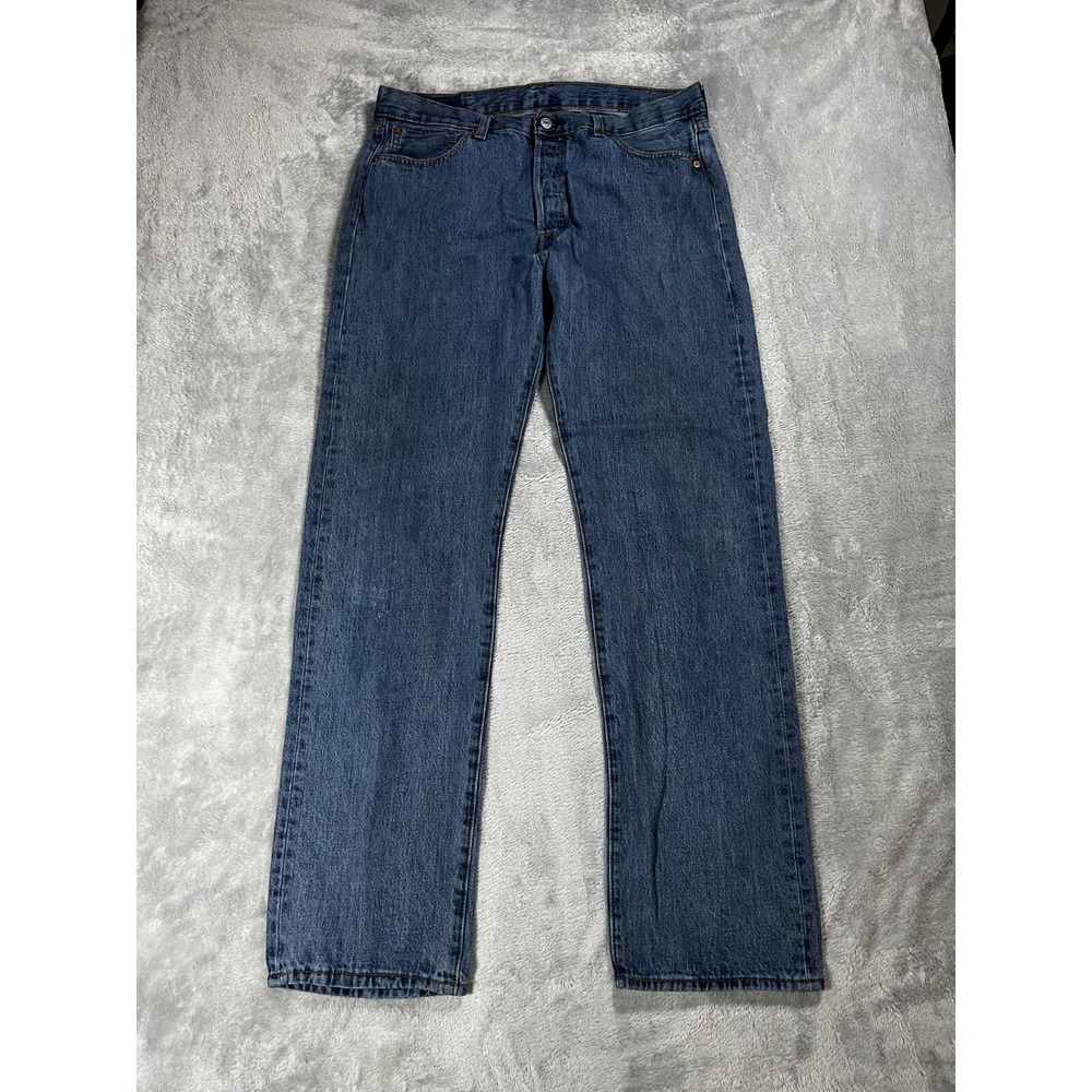 Levis 501 Jeans Mens 34x34 Blue Straight Button Fly Mid Rise Dark Wash Denim
